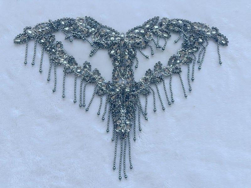 MOPISVN Handmade Crystal on lace Applique Sewing Rhinestones Fringe Beads Sequins Patches Trim Luxury Decoration Accessories for Wedding Dress 17X12.5inches (Gray) - Image 4